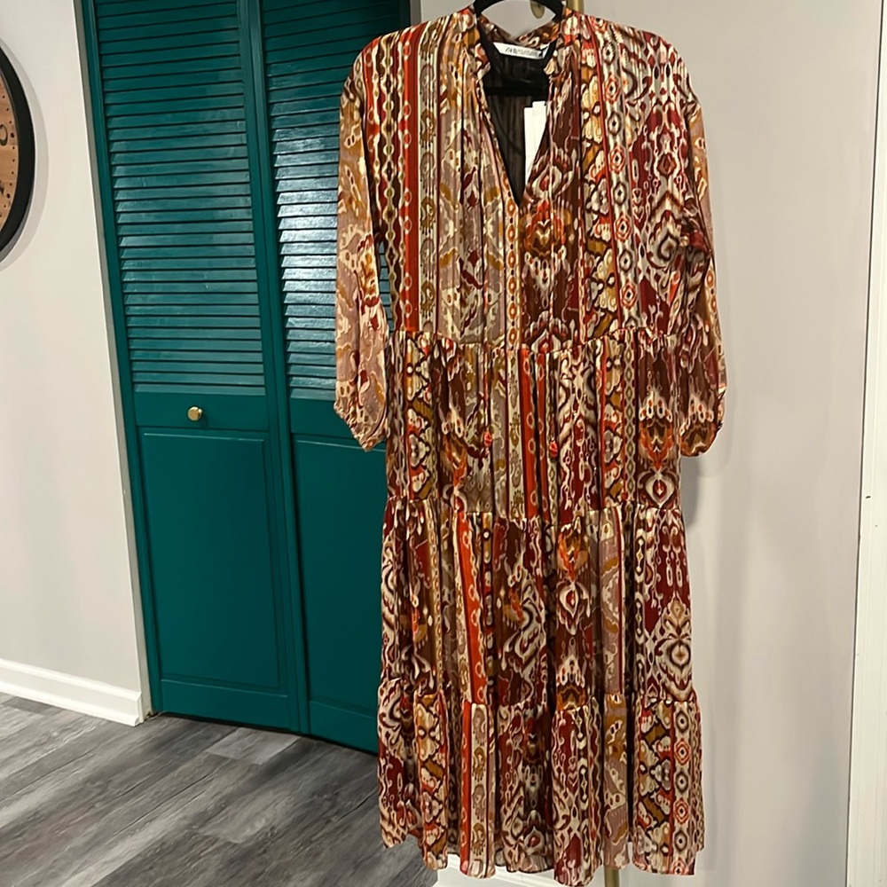 ZARA nwt GEOMETRIC PRINT METALLIC MIDI DRESS - M - Picture 14 of 17